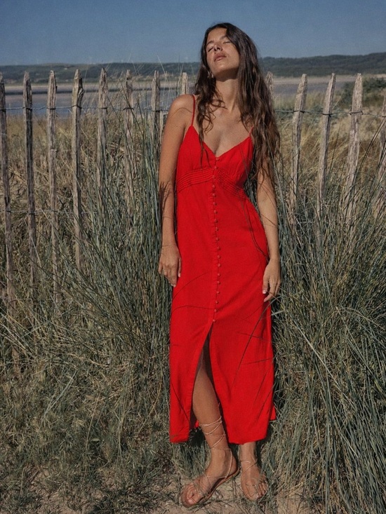 Zara Dresses & Skirts - ZARA Red Linen Blend Midi Dress Button Front Slit Strappy Size XS Summer